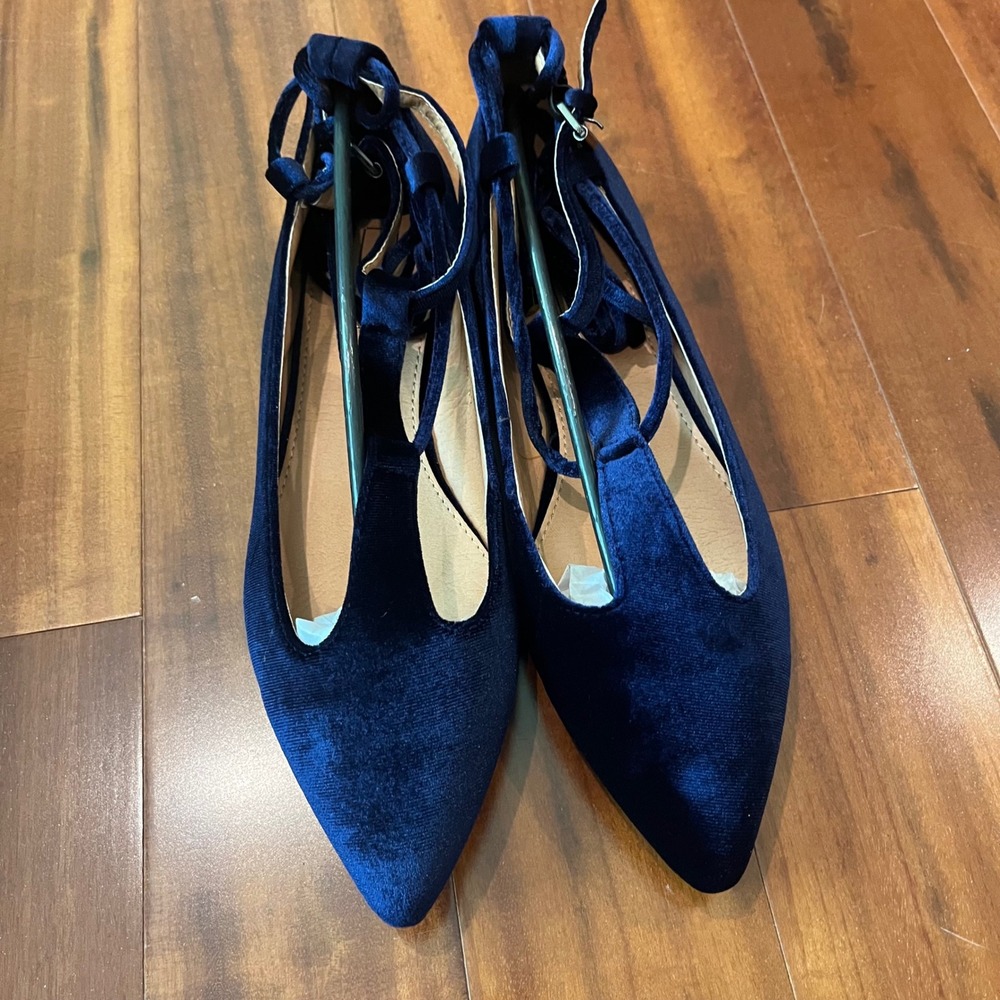 Navy Velvet Ballet Flat Lace Up Pointed Toe Strappy T Yoki Urban-80 New Size 8.5